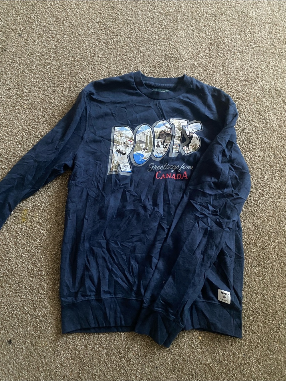 Roots Men's Navy Crewneck with 'ROOTS' Scenic Graphic
